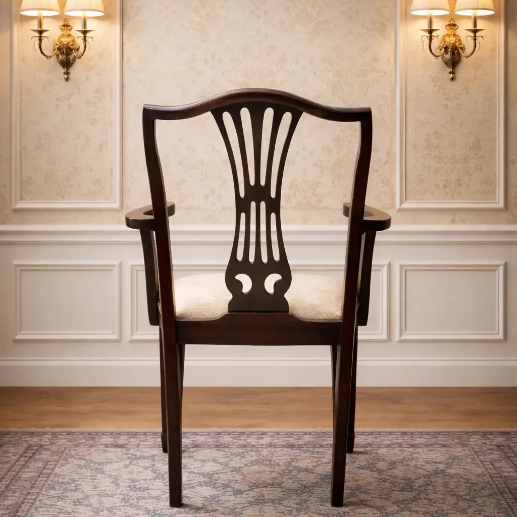Una coppia di poltroncine di gusto sobrio ed elegante, adatte sia all’arredo d’epoca sia all’inserimento in ambienti contemporanei come elementi di contrasto di grande fascino. Coppia di poltroncine in legno massello, produzione inglese , di gusto neoclassico con richiami Luigi XVI. Schienale a giorno sagomato con stecca centrale traforata, braccioli raccordati e gambe sottili rastremate. Seduta imbottita rivestita in tessuto damascato color avorio. Finitura scura con bella patina. In ottimo stato di conservazione, strutturalmente sane e pronte all’uso.