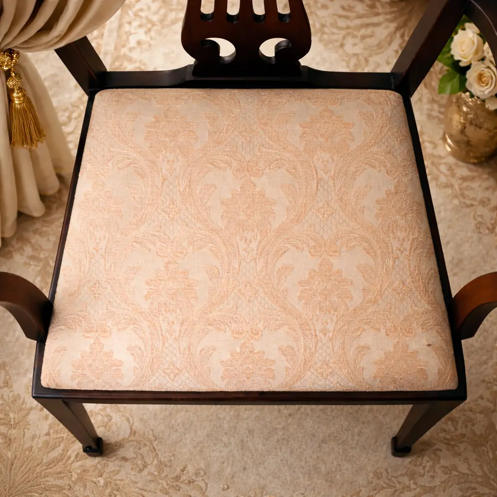Una coppia di poltroncine di gusto sobrio ed elegante, adatte sia all’arredo d’epoca sia all’inserimento in ambienti contemporanei come elementi di contrasto di grande fascino. Coppia di poltroncine in legno massello, produzione inglese , di gusto neoclassico con richiami Luigi XVI. Schienale a giorno sagomato con stecca centrale traforata, braccioli raccordati e gambe sottili rastremate. Seduta imbottita rivestita in tessuto damascato color avorio. Finitura scura con bella patina. In ottimo stato di conservazione, strutturalmente sane e pronte all’uso.