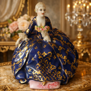 Raffinata statuina in porcellana policroma di manifattura Fabris, raffigurante elegante dama in abiti settecenteschi seduta, con ricco abito blu cobalto impreziosito da dorature a foglia e motivi ornamentali di gusto rococò. Il busto è finemente modellato, con volto delicato, incarnato luminoso e bouquet floreale applicato sul petto; presenti dettagli a rilievo e accurata smaltatura. La base sagomata completa la composizione con armonia ed equilibrio. Manifattura: Fabris Epoca: XX secolo Stato di conservazione: ottimo.