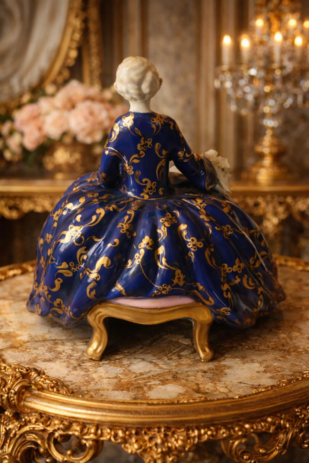 Raffinata statuina in porcellana policroma di manifattura Fabris, raffigurante elegante dama in abiti settecenteschi seduta, con ricco abito blu cobalto impreziosito da dorature a foglia e motivi ornamentali di gusto rococò. Il busto è finemente modellato, con volto delicato, incarnato luminoso e bouquet floreale applicato sul petto; presenti dettagli a rilievo e accurata smaltatura. La base sagomata completa la composizione con armonia ed equilibrio. Manifattura: Fabris Epoca: XX secolo Stato di conservazione: ottimo.