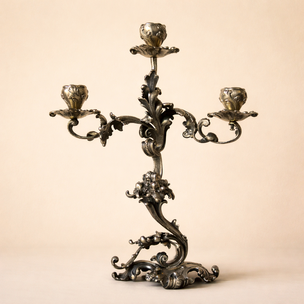 Elegante candelabro a tre luci in argento titolo 800, finemente fuso e cesellato, caratterizzato da un raffinato repertorio decorativo a volute, foglie d’acanto e motivi floreali di gusto Rococò revival. Il fusto centrale sinuoso sostiene tre bracci mossi, ciascuno concluso da portacandela a corolla, mentre la base, ampia e riccamente lavorata, garantisce equilibrio e slancio all’insieme. Databile tra la fine del XIX e i primi decenni del XX secolo, presenta una piacevole patina d’epoca ed è in buone condizioni generali. Oggetto di forte impatto decorativo, ideale per collezionisti e ambienti classici.