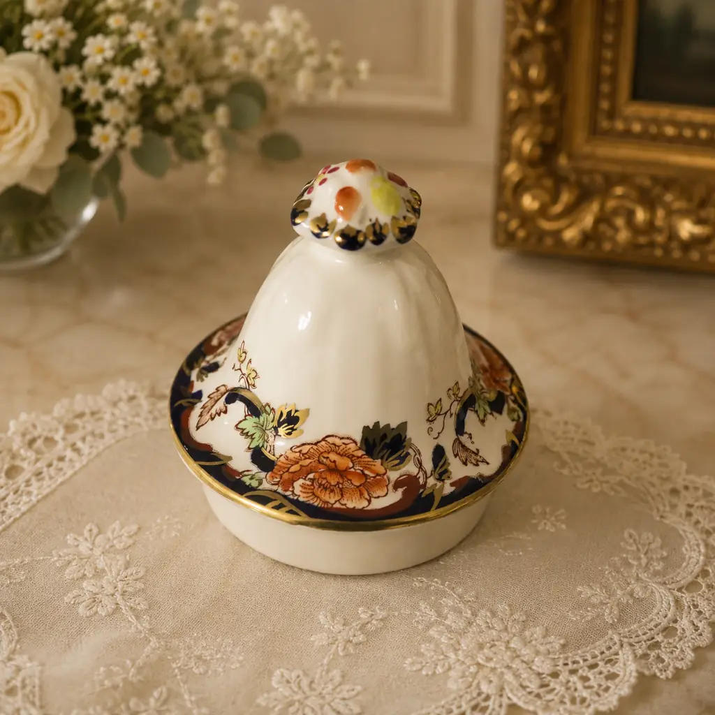 Caffettiera con coperchio in ironstone inglese Mason’s, decorazione policroma floreale con motivi orientalizzanti e ricche riserve in blu cobalto e oro. Corpo slanciato, beccuccio arcuato e manico sagomato con profili dorati. Marchio al fondo: Mason’s Ironstone – Made in England – “Mandalay”. Produzione inglese, prima metà del XX secolo. In buono stato di conservazione.