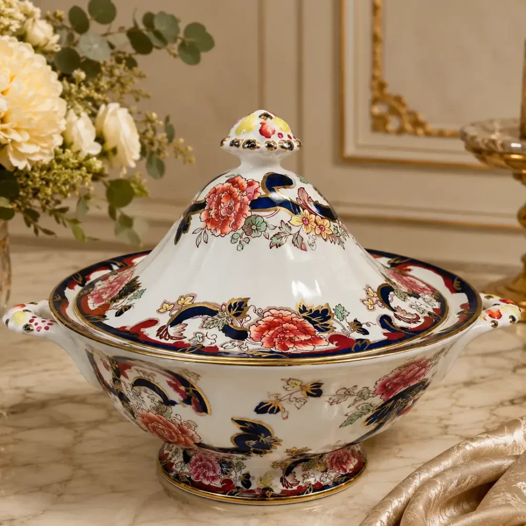 Zuppiera con coperchio in fine porcellana inglese Mason’s, linea Mandalay, decorata con ricco motivo floreale policromo, elementi in blu cobalto e abbondanti dorature. Forma mossa con prese laterali e presa sul coperchio modellata e dipinta. Marchio Mason’s al fondo. Produzione del XX secolo. Elegante oggetto da tavola e da collezione, in buono stato di conservazione.