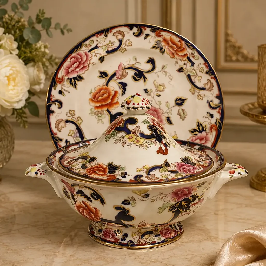 Zuppiera con coperchio in fine porcellana inglese Mason’s, linea Mandalay, decorata con ricco motivo floreale policromo, elementi in blu cobalto e abbondanti dorature. Forma mossa con prese laterali e presa sul coperchio modellata e dipinta. Marchio Mason’s al fondo. Produzione del XX secolo. Elegante oggetto da tavola e da collezione, in buono stato di conservazione.