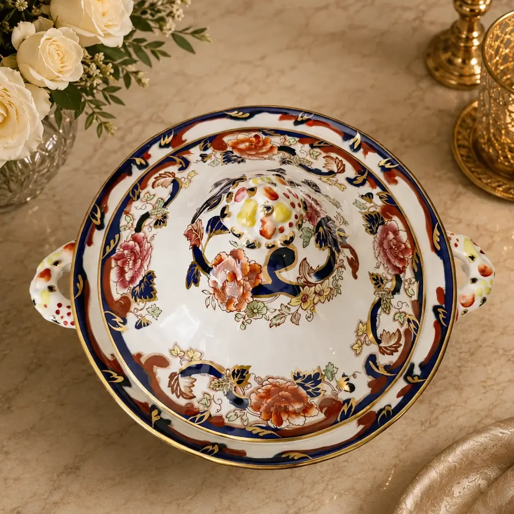 Zuppiera con coperchio in fine porcellana inglese Mason’s, linea Mandalay, decorata con ricco motivo floreale policromo, elementi in blu cobalto e abbondanti dorature. Forma mossa con prese laterali e presa sul coperchio modellata e dipinta. Marchio Mason’s al fondo. Produzione del XX secolo. Elegante oggetto da tavola e da collezione, in buono stato di conservazione.
