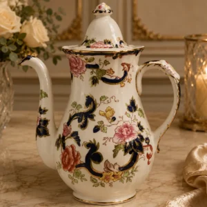 Caffettiera con coperchio in ironstone inglese Mason’s, decorazione policroma floreale con motivi orientalizzanti e ricche riserve in blu cobalto e oro. Corpo slanciato, beccuccio arcuato e manico sagomato con profili dorati. Marchio al fondo: Mason’s Ironstone – Made in England – “Mandalay”. Produzione inglese, prima metà del XX secolo. In buono stato di conservazione.