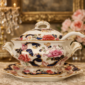 ZUPPIERA CON PIATTO E MESTOLO ZUPPIERA MASON’S – DECORO “MANDALAY” Raffinata zuppiera in Mason’s Patent Ironstone China, completa del piatto di presentazione originale e del raro mestolo coordinato, decorata nel celebre motivo “Mandalay”, uno dei più rappresentativi della prima produzione Mason’s. Il corpo, dalla forma elegante e armoniosa, poggia su piede sagomato e presenta anse laterali a voluta, coperchio bombato con presa ad anello e mestolo abbinato, elemento di particolare rarità e grande interesse collezionistico. Il piatto sottostante, anch’esso sagomato e decorato, completa l’insieme conferendogli notevole presenza scenografica. La decorazione, printed and hand painted, si sviluppa su fondo avorio con ricchi motivi floreali policromi nei toni del rosa, rosso ferro, verde e giallo, intrecciati a volute fogliate in blu cobalto intenso con profilature in oro, secondo un gusto orientalizzante reinterpretato in chiave Regency. La qualità della stampa e della successiva pittura a mano evidenzia una produzione di alto livello, tipica della fase più precoce e raffinata della manifattura. Sul fondo è presente il marchio a stampa “Mason’s – Patent Ironstone – Mandalay – England” produttiva Stato di conservazione: molto buono Nota collezionistica: il servizio Mandalay rappresenta uno dei decori più iconici e ricercati di Mason’s. La presenza del mestolo originale rende questo esemplare di notevole rarità e interesse, adatto a collezioni specializzate di ironstone inglese, arredi Regency e ceramica britannica del primo Ottocento. Misure: cm. 16 x 22 x 12