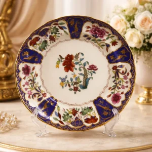 Piatto ornamentale in ironstone finemente decorato con motivi floreali policromi di ispirazione orientale su fondo bianco, arricchito da ampie riserve in blu cobalto con eleganti dorature e bordo sagomato rifinito in oro. Produzione appartenente alla Mason’s Historic Plate Collection, edizione limitata numerata n. 2.046 su 2.950 esemplari. Ottimo stato di conservazione, dorature brillanti e colori vividi. Oggetto di pregio, ideale per collezione o esposizione. Piatto decorativo da collezione Mason’s Ironstone, Blue and Gold, Inghilterra, 1995