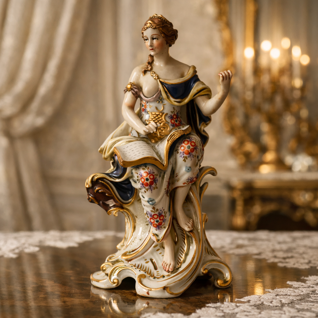 Importante statuina in porcellana di Capodimonte, raffigurante figura femminile allegorica seduta su base mossa a volute rocaille. La dama, vestita con ricchi panneggi policromi e dorature a rilievo, è rappresentata nell’atto di scrivere su un libro aperto, simbolo delle Arti o delle Lettere. Finissima la modellazione anatomica, accurata la decorazione floreale e preziosa la smaltatura. Sul fondo è presente marchio N coronata dipinta in blu. Manifattura: Capodimonte Epoca: 19° secolo ( produzione di gusto settecentesco) Stato di conservazione: buono.