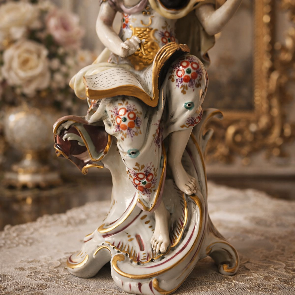 Importante statuina in porcellana di Capodimonte, raffigurante figura femminile allegorica seduta su base mossa a volute rocaille. La dama, vestita con ricchi panneggi policromi e dorature a rilievo, è rappresentata nell’atto di scrivere su un libro aperto, simbolo delle Arti o delle Lettere. Finissima la modellazione anatomica, accurata la decorazione floreale e preziosa la smaltatura. Sul fondo è presente marchio N coronata dipinta in blu. Manifattura: Capodimonte Epoca: 19° secolo ( produzione di gusto settecentesco) Stato di conservazione: buono.