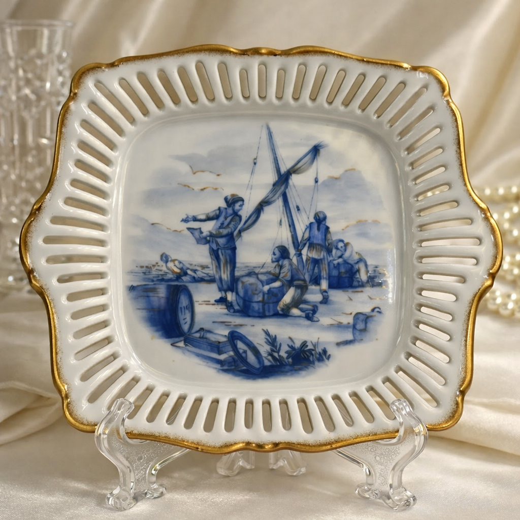 Piatto in porcellana traforata dipinta in blu cobalto, Atelier Porcelaine d’Art, XX secolo.Forma quadrilobata con tesa traforata e bordi dorati; al centro scena marina con pescatori, ispirata alla tradizione figurativa settecentesca di Dresda e Meissen, resa in monocromia blu. Retro con iscrizioni storicizzanti e marchio di atelier. Buono stato di conservazione. Oggetto decorativo di gusto neoclassico, da collezione.