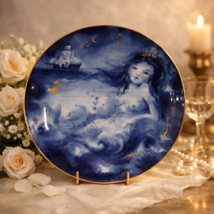 Piatto decorativo in porcellana dipinta a mano, Manifattura di Meissen, 1983. Cavetto con scena marina fiabesca raffigurante la “Kleine Seejungfrau”, resa in monocromia blu con filettatura dorata al bordo. Retro con marche blu di Meissen, data e titolo. Eccellente stato di conservazione. Oggetto da collezione di raffinata produzione artistica contemporanea. Misura: Diametro cm. 25,5