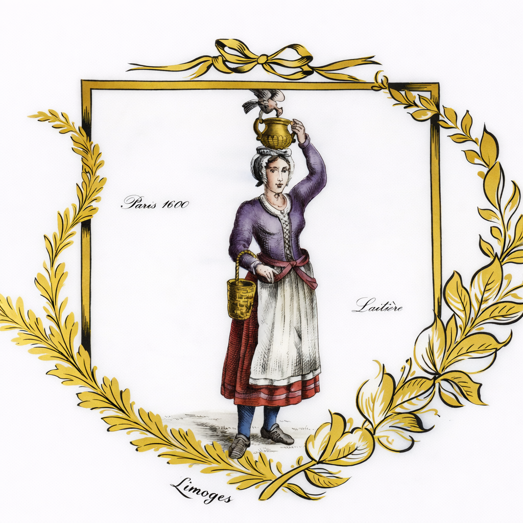 Piatto decorativo in porcellana di Limoges, con scena figurativa storica raffigurante una laitière parigina del 1600, entro cornice dorata su fondo turchese. Bordo rifinito in oro, manifattura di gusto antiquario, elegante e collezionistica.