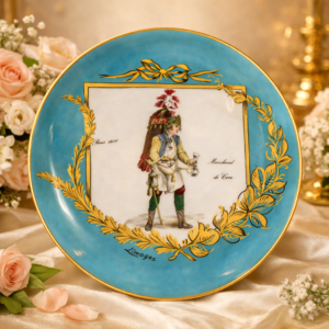Piatto decorativo in porcellana di Limoges, con scena figurativa storica raffigurante un marchand de vin parigino dell’Ottocento, entro cornice dorata su fondo turchese. Bordo in oro zecchino, manifattura di gusto antiquario e da collezione.