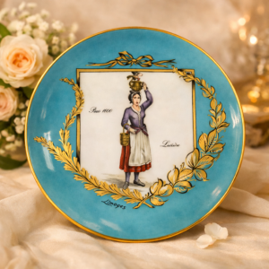 Raffinato piatto in autentica porcellana di Limoges, impreziosito da una splendida cornice color turchese con decori dorati a motivo vegetale. Al centro campeggia una delicata scena figurativa ispirata alla vita parigina del 1800, raffigurante una laitière in abiti d’epoca, finemente illustrata con grande attenzione ai dettagli e ai colori. La composizione è incorniciata da eleganti ghirlande dorate e impreziosita da una bordatura in oro zecchino che ne esalta il carattere decorativo e il pregio artigianale. La scritta “Limoges” ne attesta la provenienza da una delle più rinomate manifatture francesi, simbolo di eccellenza nella lavorazione della porcellana.