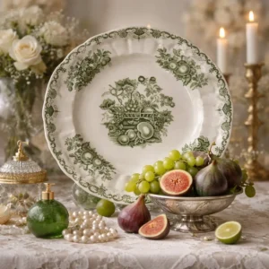 Piatto in ironstone inglese Mason’s, decorazione Fruit Basket, seconda metà del XX secolo. Fondo avorio con stampa a trasferimento verde raffigurante cesto di frutta e motivi vegetali sulla tesa. Marchio verde sul retro con dicitura Made in England. Buono stato di conservazione. Oggetto decorativo di gusto tradizionale, tipico della produzione Mason’s.