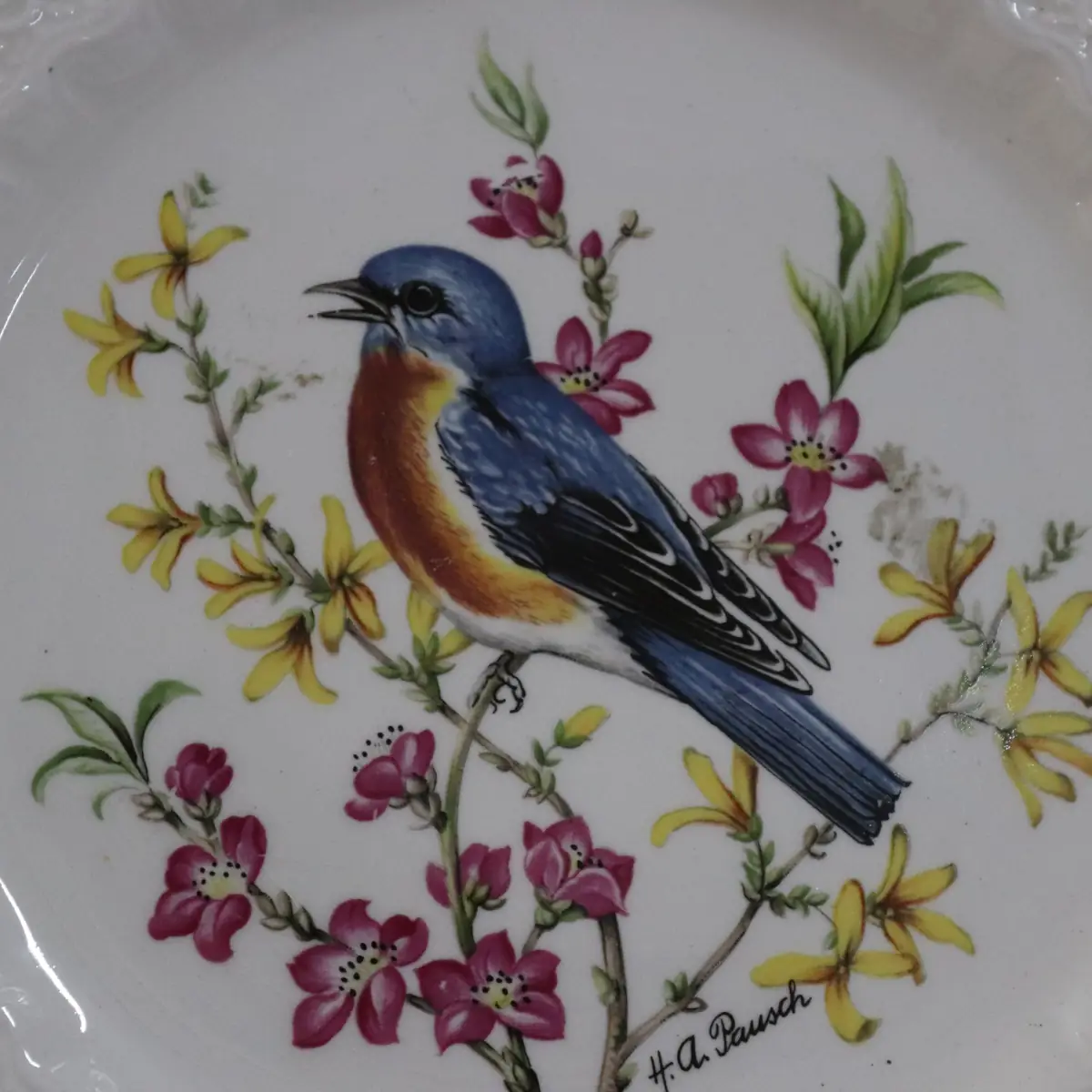 Piatto decorativo in ceramica Bristol Ironstone prodotto dalla manifattura inglese Royal Cauldon, modello “Eastern Bluebird”, con decorazione su disegno di Henry A. Pausch. Il piatto presenta un’elegante tesa ampia con ricca lavorazione a rilievo di gusto classico, a motivi floreali e volute, su fondo avorio leggermente perlato. Al centro è raffigurato un bluebird orientale posato su un ramo fiorito, reso con vivace cromia e buona definizione pittorica, circondato da fiori nei toni del rosa, giallo e verde. Marchio sotto smalto sul retro: Royal Cauldon – Bristol Ironstone – Made in England – Eastern Bluebird – Design by Henry A. Pausch. Buono stato di conservazione generale, con normali e lievi segni del tempo. Oggetto decorativo di gusto tradizionale, apprezzabile per collezionisti di ceramiche inglesi e soggetti naturalistici.