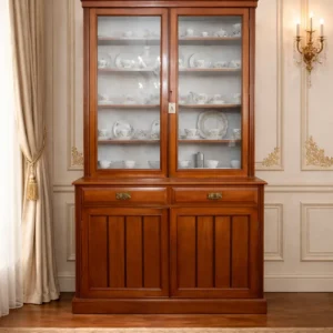 Vetrina a doppio corpo – Jan Schoon Bred & Co. Inghilterra, ultimo quarto del XIX secolo Vetrina a doppio corpo inglese in legno massello di mogano, fine XIX – inizi XX secolo. Alzata con due ampie ante vetrate e ripiani interni per l’esposizione, base con due cassetti e ante pannellate verticalmente. Linee sobrie ed equilibrate di gusto vittoriano/edoardiano, cornice modanata, ferramenta in ottone. Bella patina originale e ottimo mobile da sala o dining room.