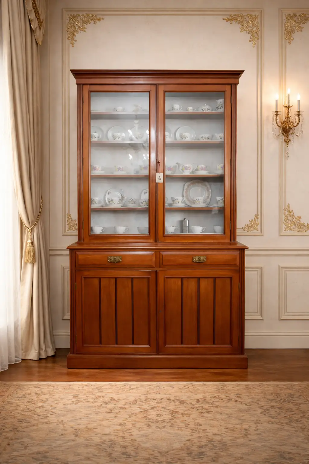Vetrina a doppio corpo – Jan Schoon Bred & Co. Inghilterra, ultimo quarto del XIX secolo Vetrina a doppio corpo inglese in legno massello di mogano, fine XIX – inizi XX secolo. Alzata con due ampie ante vetrate e ripiani interni per l’esposizione, base con due cassetti e ante pannellate verticalmente. Linee sobrie ed equilibrate di gusto vittoriano/edoardiano, cornice modanata, ferramenta in ottone. Bella patina originale e ottimo mobile da sala o dining room.