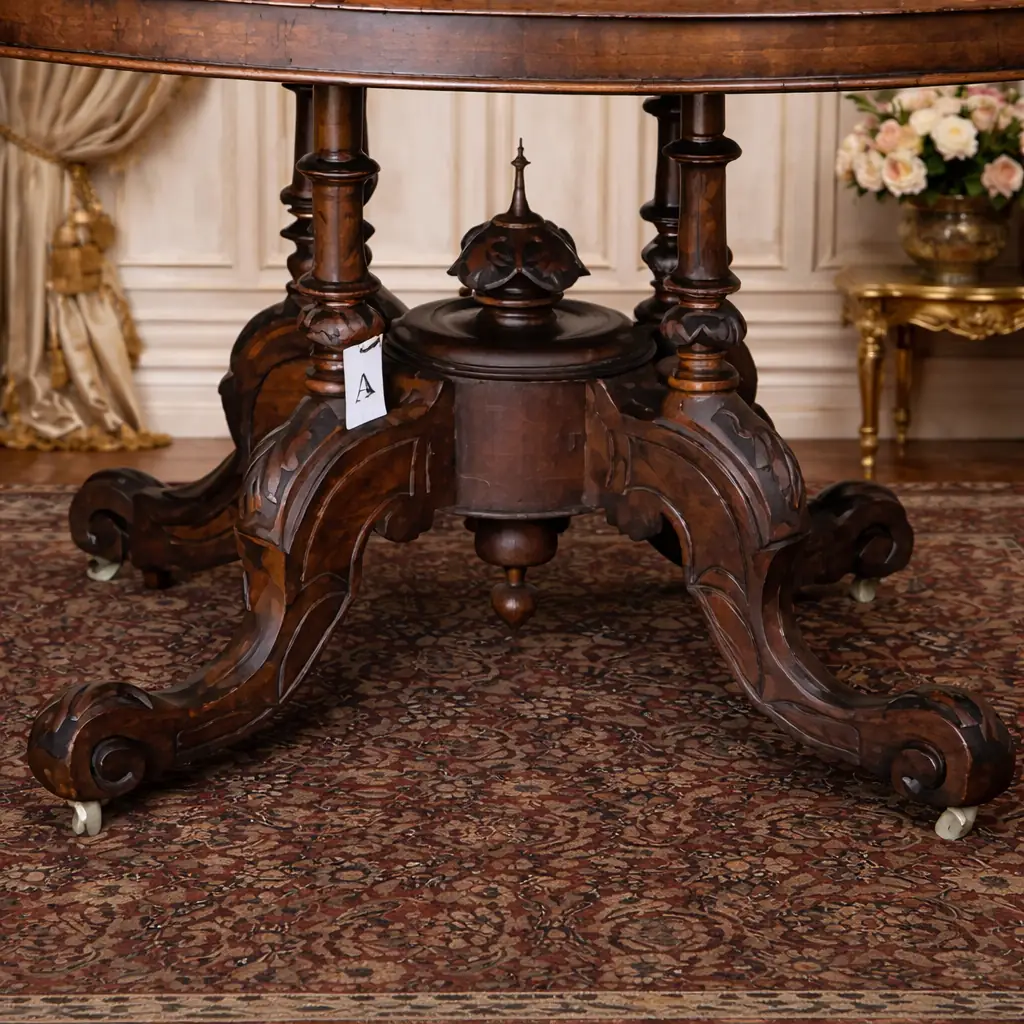 Tavolo ovale da centro in legno di noce e radica, Inghilterra, seconda metà XIX secolo. Piano finemente impiallacciato e intarsiato con motivi floreali in legni chiari, fascia sagomata. Sostegno centrale a colonna tornita con quattro piedi mossi su rotelle. Elegante esempio di gusto vittoriano, di grande equilibrio formale e bella patina d’epoca.