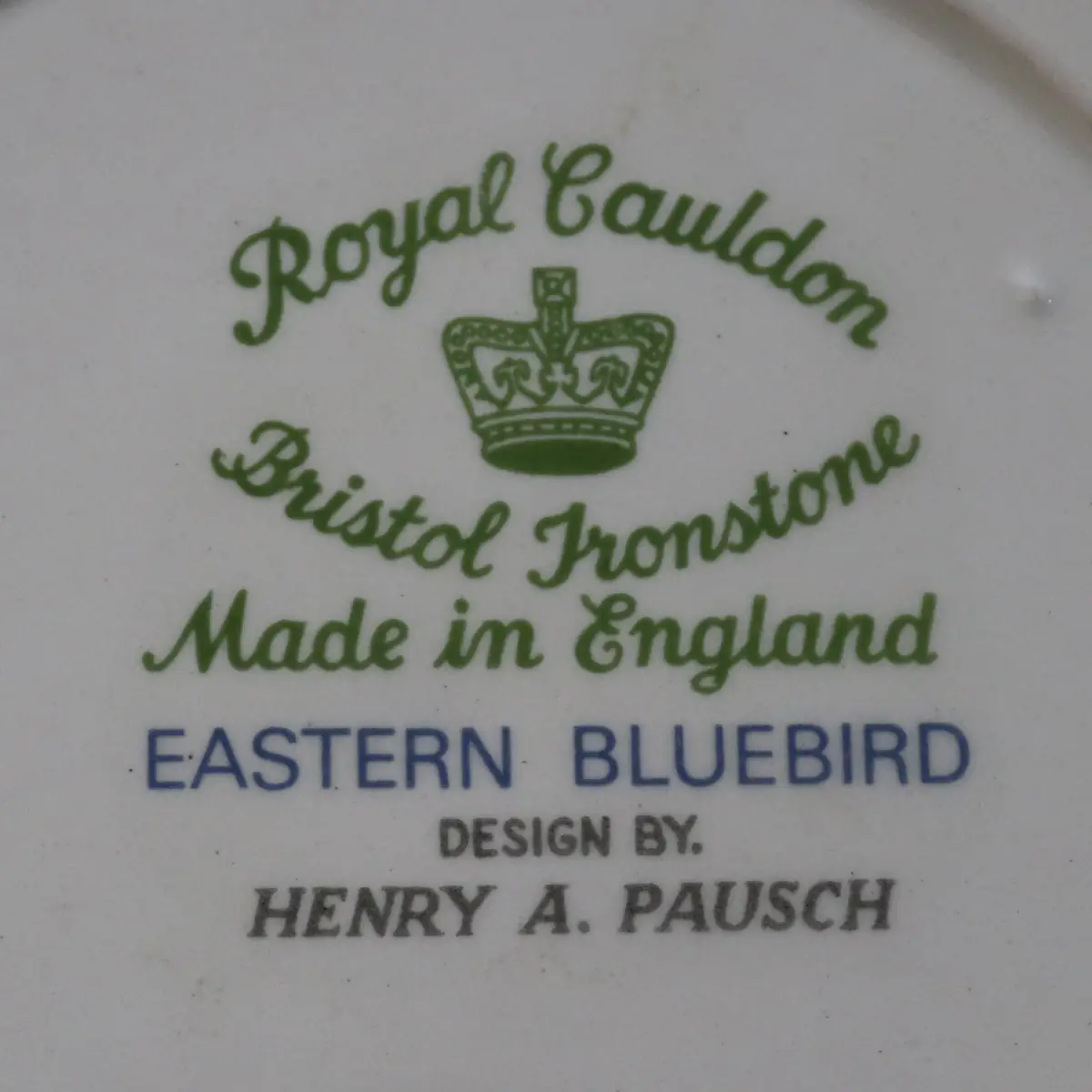 Piatto decorativo in ceramica Bristol Ironstone prodotto dalla manifattura inglese Royal Cauldon, modello “Eastern Bluebird”, con decorazione su disegno di Henry A. Pausch. Il piatto presenta un’elegante tesa ampia con ricca lavorazione a rilievo di gusto classico, a motivi floreali e volute, su fondo avorio leggermente perlato. Al centro è raffigurato un bluebird orientale posato su un ramo fiorito, reso con vivace cromia e buona definizione pittorica, circondato da fiori nei toni del rosa, giallo e verde. Marchio sotto smalto sul retro: Royal Cauldon – Bristol Ironstone – Made in England – Eastern Bluebird – Design by Henry A. Pausch. Buono stato di conservazione generale, con normali e lievi segni del tempo. Oggetto decorativo di gusto tradizionale, apprezzabile per collezionisti di ceramiche inglesi e soggetti naturalistici.