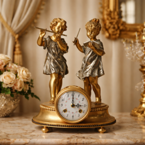 Pendola figurata da tavolo, Francia, fine XIX secolo (ca. 1885–1900).Bronzo patinato e dorato; quadrante in smalto; meccanismo francese a doppia carica. Opera firmata Auguste Moreau (1834–1917), raffigurante due fanciulli musicisti modellati con finezza espressiva e attenzione naturalistica. La cassa e la base, interamente in bronzo, sono decorate con motivi floreali in rilievo. Esempio significativo della scultura decorativa francese di epoca Belle Époque.