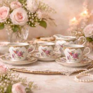 Servizio da tè raro in bone china inglese prodotto dalla manifattura Aynsley, verosimilmente databile tra la fine degli anni ’40 e la metà degli anni ’50. Il servizio comprende quattro tazze con piattini coordinati, quattro piatti da dessert, lattiera e zuccheriera. Le forme sono eleganti e leggermente svasate, con anse ricurve a voluta e profili filettati in oro. Il decoro presenta raffinati bouquet floreali policromi con rose e fiori campestri, incorniciati da una fascia superiore verde a motivo reticolato arricchita da volute e cartigli dorati di gusto neorococò. La porcellana, fine e translucida, è tipica della produzione Aynsley, nota per qualità esecutiva e brillantezza dello smalto. Marchio al verso con corona e dicitura “Aynsley England Bone China”. Condizioni molto buone, con dorature ben conservate e cromie vivide.