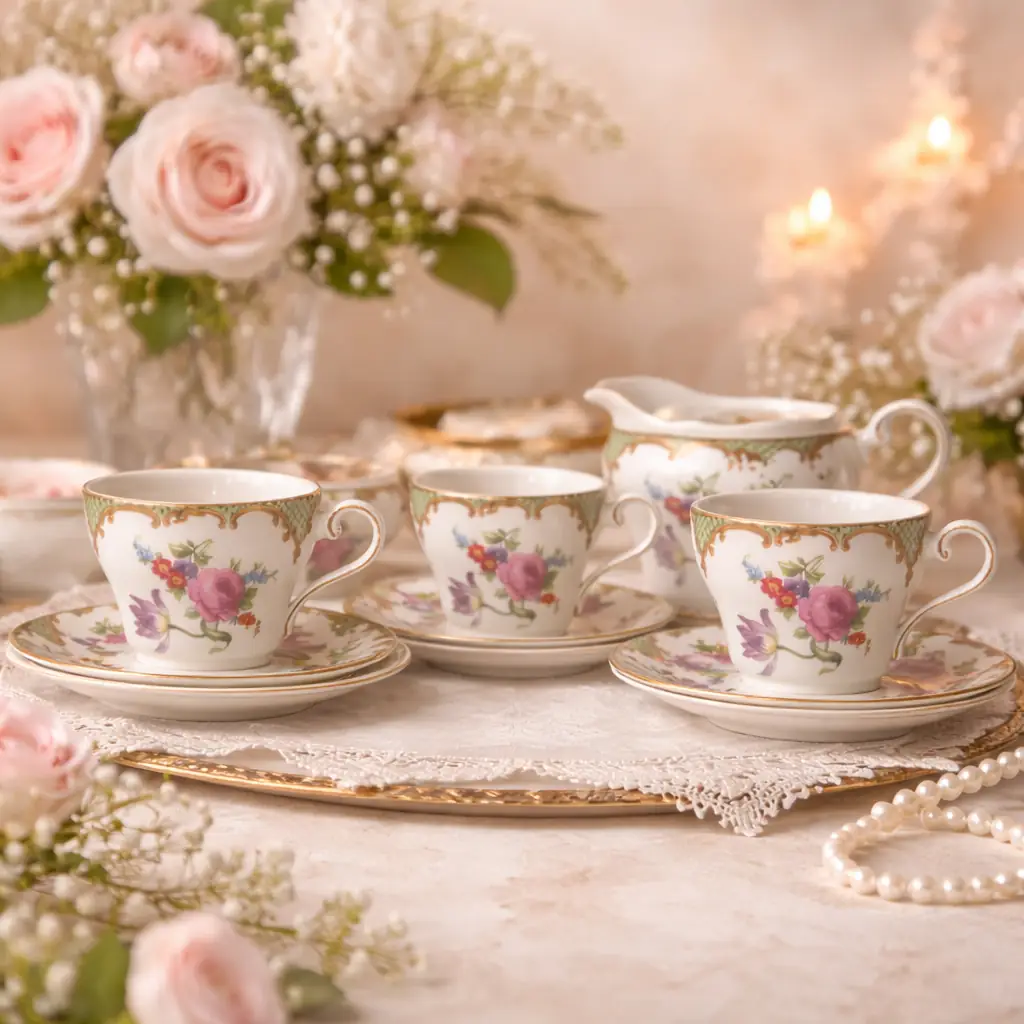 Servizio da tè raro in bone china inglese prodotto dalla manifattura Aynsley, verosimilmente databile tra la fine degli anni ’40 e la metà degli anni ’50. Il servizio comprende quattro tazze con piattini coordinati, quattro piatti da dessert, lattiera e zuccheriera. Le forme sono eleganti e leggermente svasate, con anse ricurve a voluta e profili filettati in oro. Il decoro presenta raffinati bouquet floreali policromi con rose e fiori campestri, incorniciati da una fascia superiore verde a motivo reticolato arricchita da volute e cartigli dorati di gusto neorococò. La porcellana, fine e translucida, è tipica della produzione Aynsley, nota per qualità esecutiva e brillantezza dello smalto. Marchio al verso con corona e dicitura “Aynsley England Bone China”. Condizioni molto buone, con dorature ben conservate e cromie vivide.
