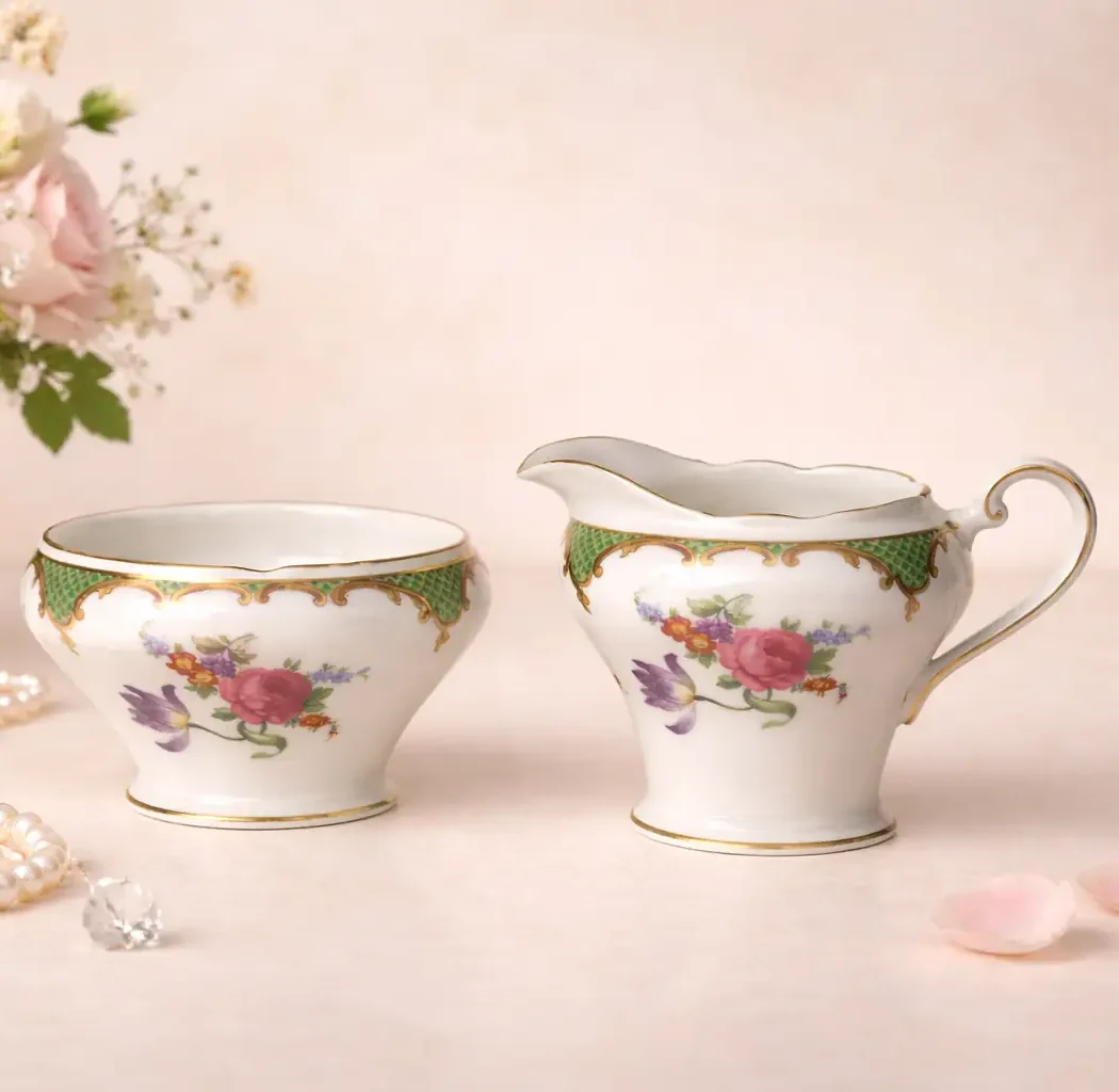 Servizio da tè raro in bone china inglese prodotto dalla manifattura Aynsley, verosimilmente databile tra la fine degli anni ’40 e la metà degli anni ’50. Il servizio comprende quattro tazze con piattini coordinati, quattro piatti da dessert, lattiera e zuccheriera. Le forme sono eleganti e leggermente svasate, con anse ricurve a voluta e profili filettati in oro. Il decoro presenta raffinati bouquet floreali policromi con rose e fiori campestri, incorniciati da una fascia superiore verde a motivo reticolato arricchita da volute e cartigli dorati di gusto neorococò. La porcellana, fine e translucida, è tipica della produzione Aynsley, nota per qualità esecutiva e brillantezza dello smalto. Marchio al verso con corona e dicitura “Aynsley England Bone China”. Condizioni molto buone, con dorature ben conservate e cromie vivide.