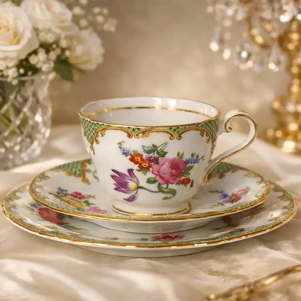 Servizio da tè raro in bone china inglese prodotto dalla manifattura Aynsley, verosimilmente databile tra la fine degli anni ’40 e la metà degli anni ’50. Il servizio comprende quattro tazze con piattini coordinati, quattro piatti da dessert, lattiera e zuccheriera. Le forme sono eleganti e leggermente svasate, con anse ricurve a voluta e profili filettati in oro. Il decoro presenta raffinati bouquet floreali policromi con rose e fiori campestri, incorniciati da una fascia superiore verde a motivo reticolato arricchita da volute e cartigli dorati di gusto neorococò. La porcellana, fine e translucida, è tipica della produzione Aynsley, nota per qualità esecutiva e brillantezza dello smalto. Marchio al verso con corona e dicitura “Aynsley England Bone China”. Condizioni molto buone, con dorature ben conservate e cromie vivide.