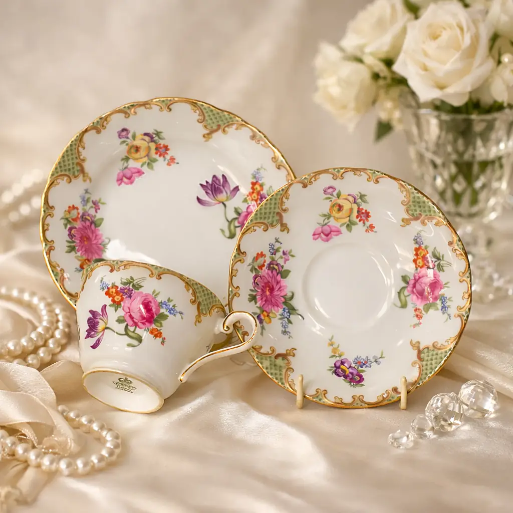 Servizio da tè raro in bone china inglese prodotto dalla manifattura Aynsley, verosimilmente databile tra la fine degli anni ’40 e la metà degli anni ’50. Il servizio comprende quattro tazze con piattini coordinati, quattro piatti da dessert, lattiera e zuccheriera. Le forme sono eleganti e leggermente svasate, con anse ricurve a voluta e profili filettati in oro. Il decoro presenta raffinati bouquet floreali policromi con rose e fiori campestri, incorniciati da una fascia superiore verde a motivo reticolato arricchita da volute e cartigli dorati di gusto neorococò. La porcellana, fine e translucida, è tipica della produzione Aynsley, nota per qualità esecutiva e brillantezza dello smalto. Marchio al verso con corona e dicitura “Aynsley England Bone China”. Condizioni molto buone, con dorature ben conservate e cromie vivide.