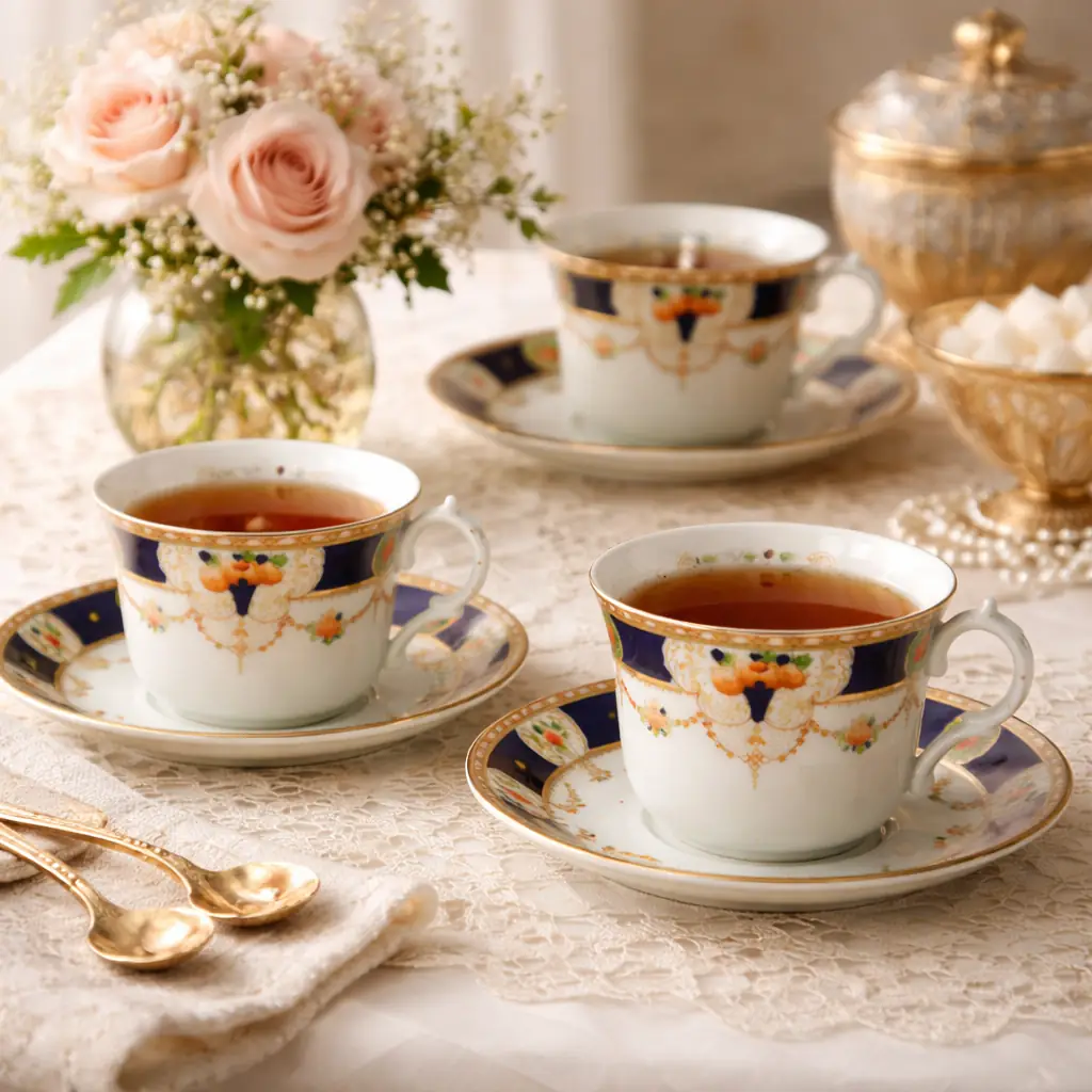 Raffinato servizio da tè/caffè in porcellana decorata, realizzato in Europa tra la fine del XIX e l’inizio del XX secolo. Il fondo avorio è impreziosito da eleganti fasce blu cobalto, motivi floreali policromi e ricchi dettagli in oro zecchino, disposti in composizioni simmetriche di gusto classico. Le forme armoniose delle tazze e dei piattini, unite alla brillantezza della smaltatura, conferiscono al servizio un’eleganza senza tempo, ideale sia per l’uso che per l’esposizione. Stato di conservazione: molto buono.