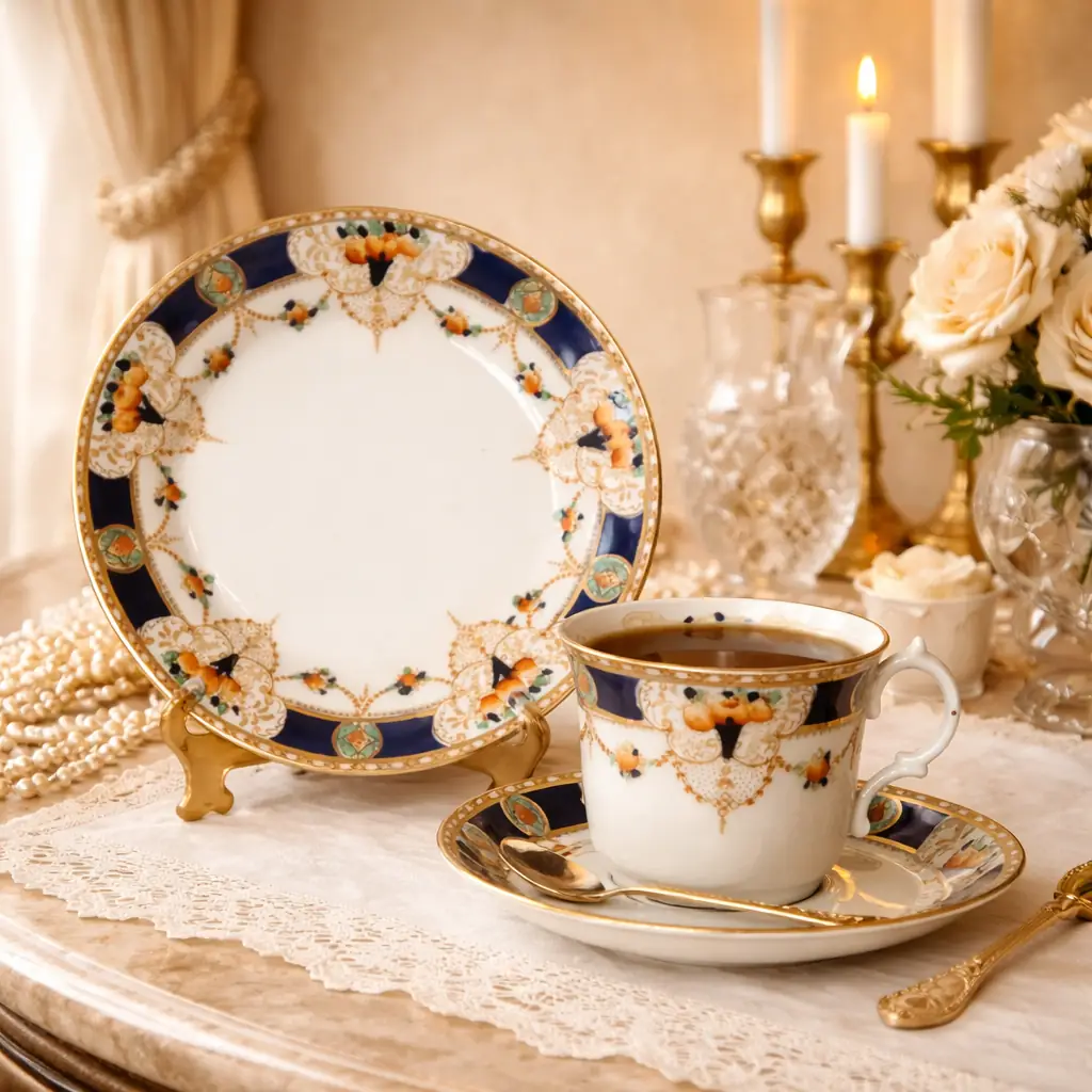 Raffinato servizio da tè/caffè in porcellana decorata, realizzato in Europa tra la fine del XIX e l’inizio del XX secolo. Il fondo avorio è impreziosito da eleganti fasce blu cobalto, motivi floreali policromi e ricchi dettagli in oro zecchino, disposti in composizioni simmetriche di gusto classico. Le forme armoniose delle tazze e dei piattini, unite alla brillantezza della smaltatura, conferiscono al servizio un’eleganza senza tempo, ideale sia per l’uso che per l’esposizione. Stato di conservazione: molto buono.
