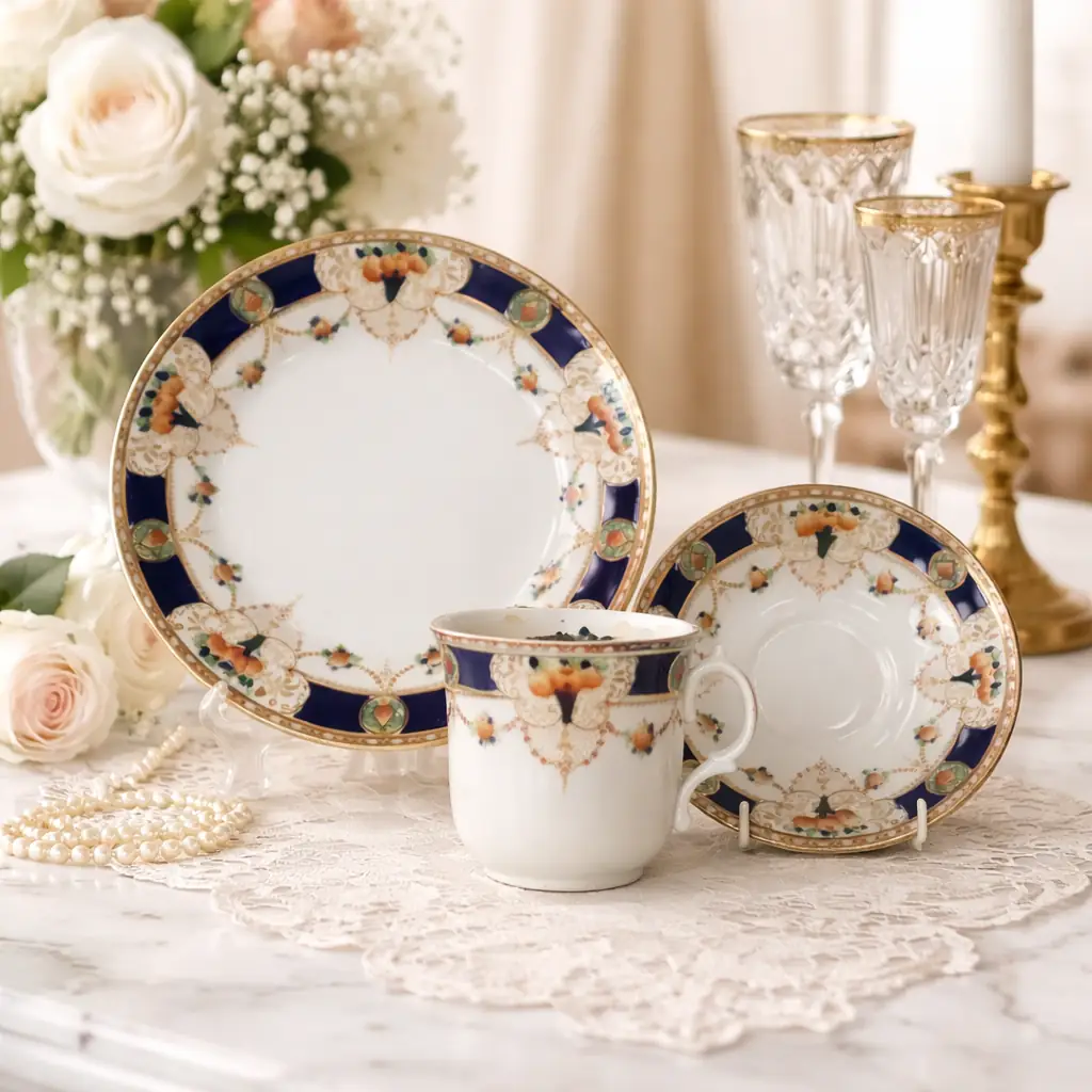 Raffinato servizio da tè/caffè in porcellana decorata, realizzato in Europa tra la fine del XIX e l’inizio del XX secolo. Il fondo avorio è impreziosito da eleganti fasce blu cobalto, motivi floreali policromi e ricchi dettagli in oro zecchino, disposti in composizioni simmetriche di gusto classico. Le forme armoniose delle tazze e dei piattini, unite alla brillantezza della smaltatura, conferiscono al servizio un’eleganza senza tempo, ideale sia per l’uso che per l’esposizione. Stato di conservazione: molto buono.