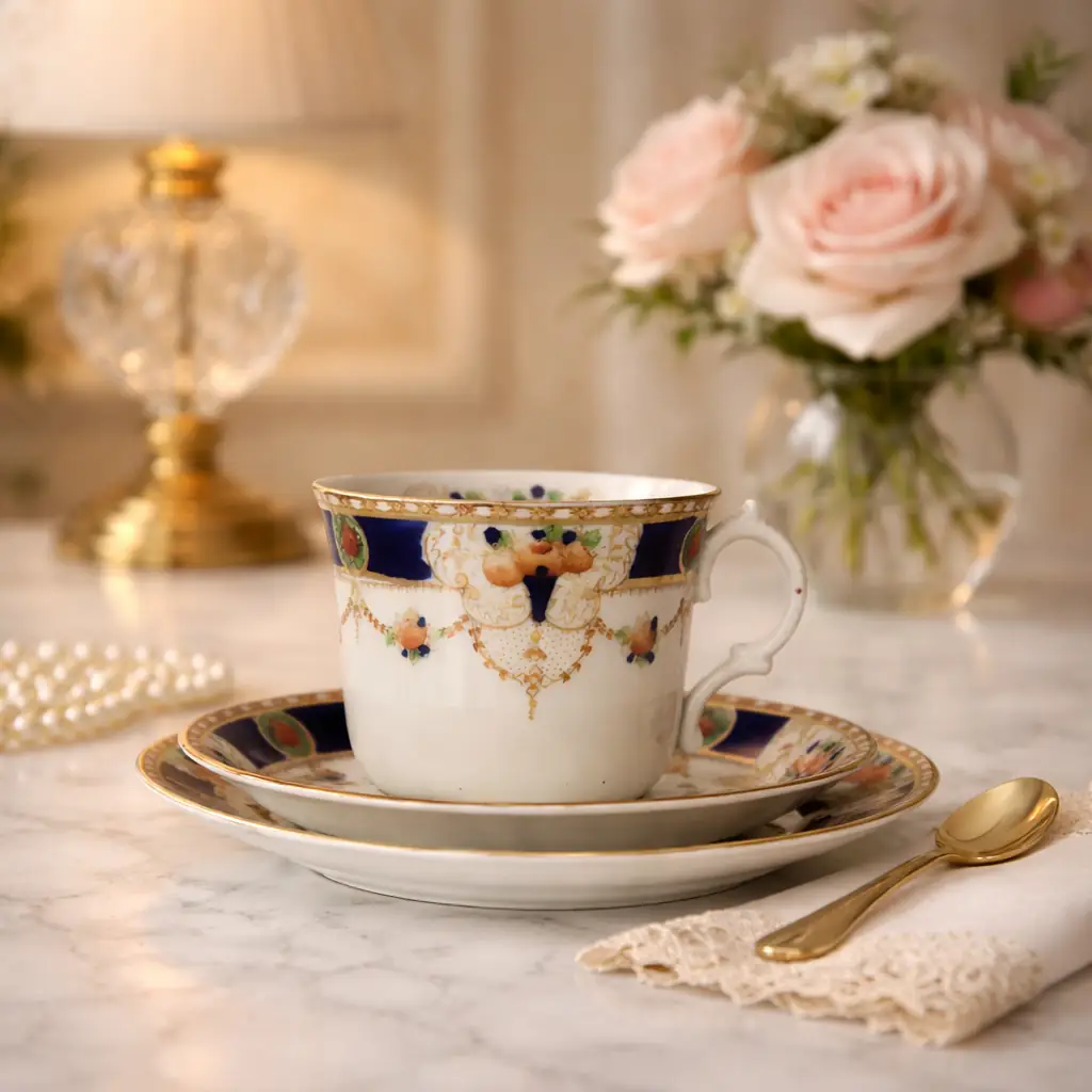 Raffinato servizio da tè/caffè in porcellana decorata, realizzato in Europa tra la fine del XIX e l’inizio del XX secolo. Il fondo avorio è impreziosito da eleganti fasce blu cobalto, motivi floreali policromi e ricchi dettagli in oro zecchino, disposti in composizioni simmetriche di gusto classico. Le forme armoniose delle tazze e dei piattini, unite alla brillantezza della smaltatura, conferiscono al servizio un’eleganza senza tempo, ideale sia per l’uso che per l’esposizione. Stato di conservazione: molto buono.