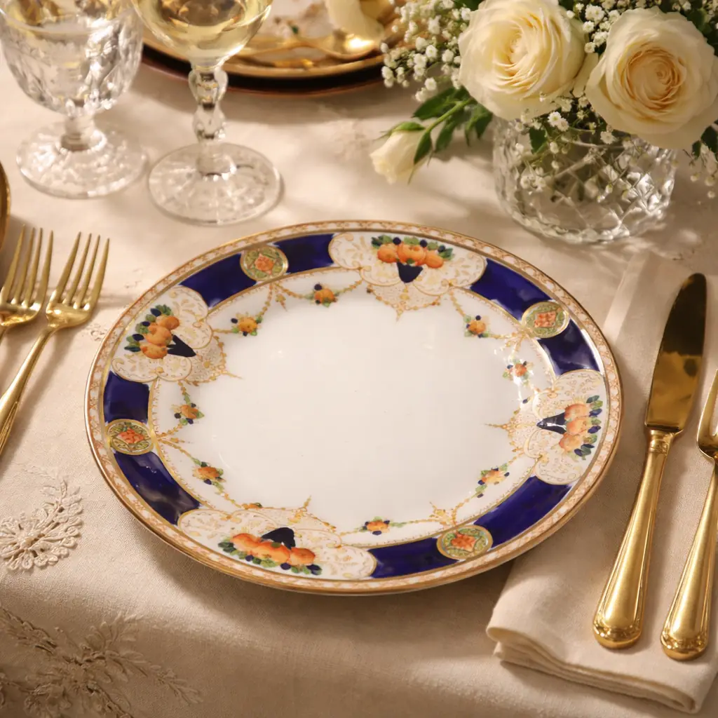 Raffinato servizio da tè/caffè in porcellana decorata, realizzato in Europa tra la fine del XIX e l’inizio del XX secolo. Il fondo avorio è impreziosito da eleganti fasce blu cobalto, motivi floreali policromi e ricchi dettagli in oro zecchino, disposti in composizioni simmetriche di gusto classico. Le forme armoniose delle tazze e dei piattini, unite alla brillantezza della smaltatura, conferiscono al servizio un’eleganza senza tempo, ideale sia per l’uso che per l’esposizione. Stato di conservazione: molto buono.