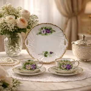 Elegante trio da tè composto da vassoio ovale e coppia di tazze con relativi piattini in porcellana smaltata, manifattura europea di fine XIX secolo. Il corpo è modellato a conchiglia con leggere costolature radiali, arricchito da decoro policromo a viole del pensiero e fogliami, eseguito a pennello, con filettature e profili in oro lungo i bordi. Le tazze presentano anse sagomate e medesimo motivo ornamentale coordinato. L’insieme si distingue per finezza esecutiva, armonia cromatica e qualità della doratura. Stato di conservazione buono. Oggetto decorativo di gusto romantico, ideale per collezione o arredo.