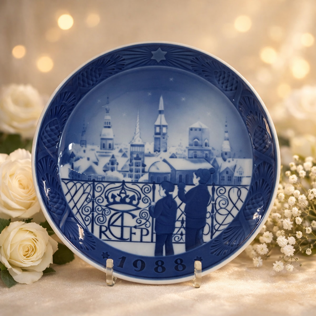 Piatto da parete in porcellana Royal Copenhagen, serie natalizia “Jul på Slottet / Christmas at the Manor House”, datato 1988. Decorazione blu cobalto sottosmalto con veduta invernale di città e figure di bambini affacciati a una balaustra, entro ampia tesa decorata con motivi stilizzati e data in rilievo. Marchio verde al verso con corona e scritta Royal Copenhagen Denmark. Manifattura danese del XX secolo, ottimo stato di conservazione, oggetto da collezione.