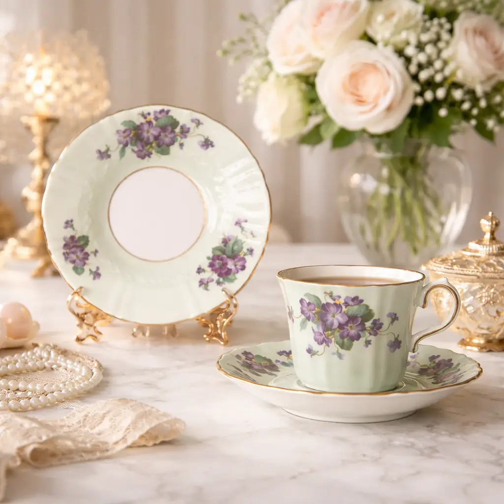 Elegante servizio da tè in Fine Bone China inglese Old Royal, contraddistinto da delicato fondo verde acqua decorato con mazzi di violette policrome e impreziosito da filettature in oro lungo i bordi ondulati e le anse. Le forme mosse e armoniose conferiscono al servizio un aspetto raffinato e tipicamente britannico. Marchio al verso “EST. 1846 – Old Royal Bone China – England”. Produzione della seconda metà del Novecento (circa anni 1920–1930). In ottimo stato di conservazione, con smalti brillanti, colori vividi e dorature ben preservate. Ideale sia per collezione sia per impreziosire una tavola elegante o una vetrina.