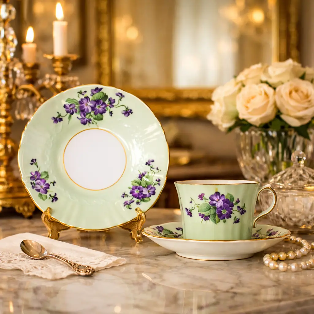 Elegante servizio da tè in Fine Bone China inglese Old Royal, contraddistinto da delicato fondo verde acqua decorato con mazzi di violette policrome e impreziosito da filettature in oro lungo i bordi ondulati e le anse. Le forme mosse e armoniose conferiscono al servizio un aspetto raffinato e tipicamente britannico. Marchio al verso “EST. 1846 – Old Royal Bone China – England”. Produzione della seconda metà del Novecento (circa anni 1920–1930). In ottimo stato di conservazione, con smalti brillanti, colori vividi e dorature ben preservate. Ideale sia per collezione sia per impreziosire una tavola elegante o una vetrina.