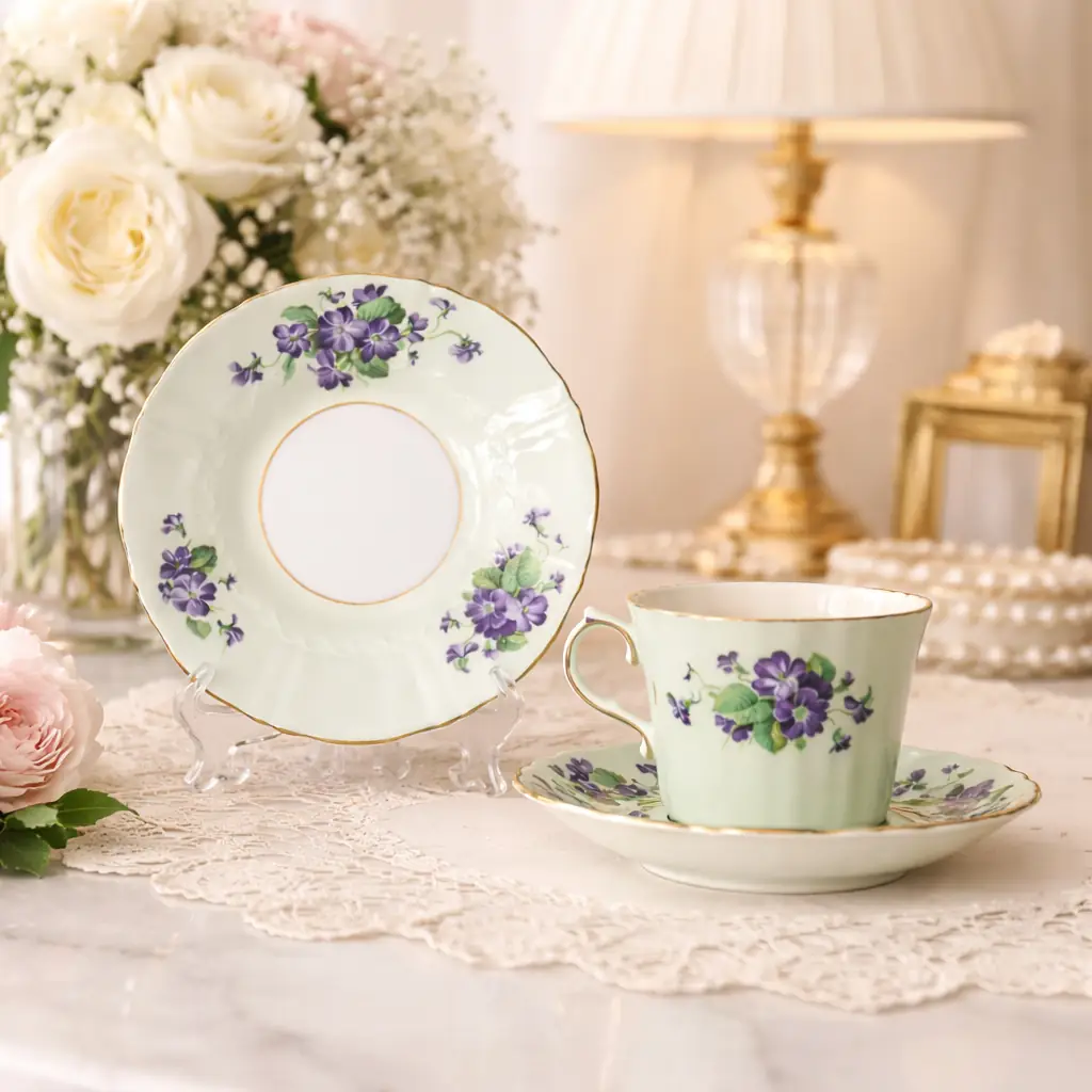 Elegante servizio da tè in Fine Bone China inglese Old Royal, contraddistinto da delicato fondo verde acqua decorato con mazzi di violette policrome e impreziosito da filettature in oro lungo i bordi ondulati e le anse. Le forme mosse e armoniose conferiscono al servizio un aspetto raffinato e tipicamente britannico. Marchio al verso “EST. 1846 – Old Royal Bone China – England”. Produzione della seconda metà del Novecento (circa anni 1920–1930). In ottimo stato di conservazione, con smalti brillanti, colori vividi e dorature ben preservate. Ideale sia per collezione sia per impreziosire una tavola elegante o una vetrina.