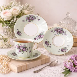Elegante servizio da tè in Fine Bone China inglese Old Royal, contraddistinto da delicato fondo verde acqua decorato con mazzi di violette policrome e impreziosito da filettature in oro lungo i bordi ondulati e le anse. Le forme mosse e armoniose conferiscono al servizio un aspetto raffinato e tipicamente britannico. Marchio al verso “EST. 1846 – Old Royal Bone China – England”. Produzione della seconda metà del Novecento (circa anni 1920–1930). In ottimo stato di conservazione, con smalti brillanti, colori vividi e dorature ben preservate. Ideale sia per collezione sia per impreziosire una tavola elegante o una vetrina.