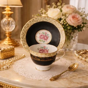 Elegante tazza con piattino in bone china inglese Royal Stafford, decorata con fascia nera, motivi dorati e rose rosa all’interno e al centro del piattino. Produzione inglese della seconda metà del Novecento, in eccellenti condizioni.