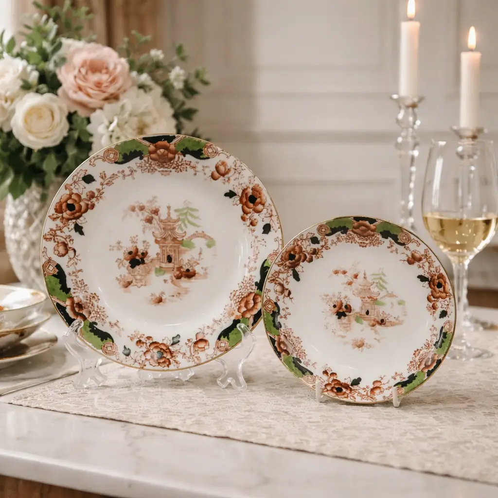 Set da tè inglese in ironstone Atlas China, Stoke-on-Trent, composto da piatti e tazza, decorato in stile chinoiserie con pagode, fiori e motivi orientali in tonalità rosso ruggine, verde e nero, con profili in oro. Produzione fine ottocento, primo Novecento. In buone condizioni generali. Elegante insieme da collezione e da esposizione.