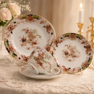 Set da tè inglese in ironstone Atlas China, Stoke-on-Trent, composto da piatti e tazza, decorato in stile chinoiserie con pagode, fiori e motivi orientali in tonalità rosso ruggine, verde e nero, con profili in oro. Produzione fine ottocento, primo Novecento. In buone condizioni generali. Elegante insieme da collezione e da esposizione.