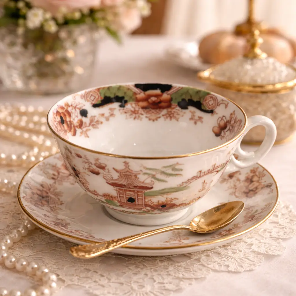 Set da tè inglese in ironstone Atlas China, Stoke-on-Trent, composto da piatti e tazza, decorato in stile chinoiserie con pagode, fiori e motivi orientali in tonalità rosso ruggine, verde e nero, con profili in oro. Produzione fine ottocento, primo Novecento. In buone condizioni generali. Elegante insieme da collezione e da esposizione.