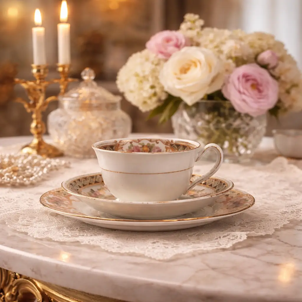 Elegante trio da tè composto da tazza, piattino e piatto da dessert in porcellana fine europea, databile ai primi decenni del XX secolo, decorato secondo un gusto pienamente neobarocco con raffinati motivi a riserve. La superficie è impreziosita da ricche bordure policrome con intrecci geometrici verde smeraldo, volute dorate e mazzetti floreali policromi eseguiti con notevole finezza pittorica. L’uso equilibrato della doratura a oro zecchino sui profili e sulle decorazioni conferisce luminosità e preziosità all’insieme. La tazza presenta linea armoniosa con ansa sagomata, perfettamente proporzionata al piattino e al piatto coordinato, formando un trio da collezione di grande eleganza. Ottimo esempio di produzione decorativa destinata alla tavola borghese di alta gamma, ideale sia per collezionisti di porcellane che come elemento decorativo di pregio. Condizioni: buone condizioni generali.