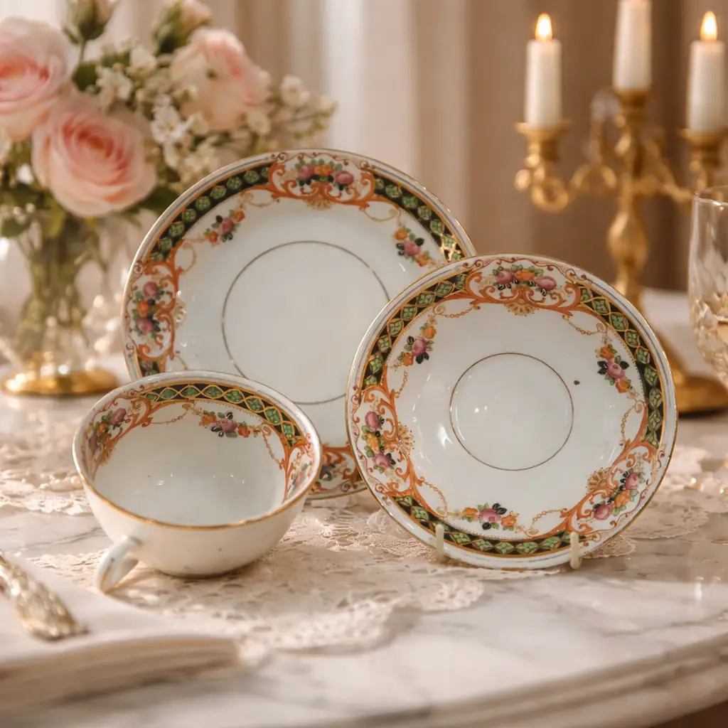 Elegante trio da tè composto da tazza, piattino e piatto da dessert in porcellana fine europea, databile ai primi decenni del XX secolo, decorato secondo un gusto pienamente neobarocco con raffinati motivi a riserve. La superficie è impreziosita da ricche bordure policrome con intrecci geometrici verde smeraldo, volute dorate e mazzetti floreali policromi eseguiti con notevole finezza pittorica. L’uso equilibrato della doratura a oro zecchino sui profili e sulle decorazioni conferisce luminosità e preziosità all’insieme. La tazza presenta linea armoniosa con ansa sagomata, perfettamente proporzionata al piattino e al piatto coordinato, formando un trio da collezione di grande eleganza. Ottimo esempio di produzione decorativa destinata alla tavola borghese di alta gamma, ideale sia per collezionisti di porcellane che come elemento decorativo di pregio. Condizioni: buone condizioni generali.