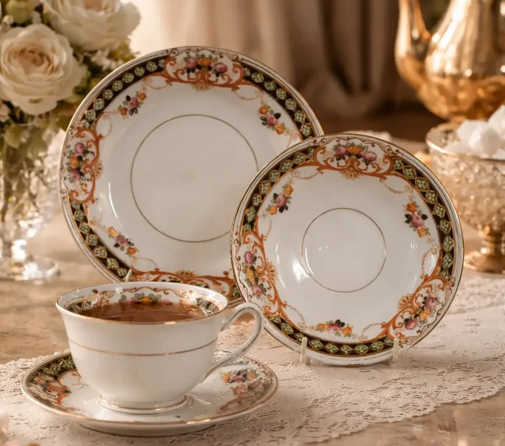Elegante trio da tè composto da tazza, piattino e piatto da dessert in porcellana fine europea, databile ai primi decenni del XX secolo, decorato secondo un gusto pienamente neobarocco con raffinati motivi a riserve. La superficie è impreziosita da ricche bordure policrome con intrecci geometrici verde smeraldo, volute dorate e mazzetti floreali policromi eseguiti con notevole finezza pittorica. L’uso equilibrato della doratura a oro zecchino sui profili e sulle decorazioni conferisce luminosità e preziosità all’insieme. La tazza presenta linea armoniosa con ansa sagomata, perfettamente proporzionata al piattino e al piatto coordinato, formando un trio da collezione di grande eleganza. Ottimo esempio di produzione decorativa destinata alla tavola borghese di alta gamma, ideale sia per collezionisti di porcellane che come elemento decorativo di pregio. Condizioni: buone condizioni generali.