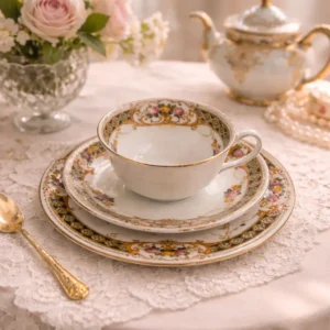 Elegante trio da tè composto da tazza, piattino e piatto da dessert in porcellana fine europea, databile ai primi decenni del XX secolo, decorato secondo un gusto pienamente neobarocco con raffinati motivi a riserve. La superficie è impreziosita da ricche bordure policrome con intrecci geometrici verde smeraldo, volute dorate e mazzetti floreali policromi eseguiti con notevole finezza pittorica. L’uso equilibrato della doratura a oro zecchino sui profili e sulle decorazioni conferisce luminosità e preziosità all’insieme. La tazza presenta linea armoniosa con ansa sagomata, perfettamente proporzionata al piattino e al piatto coordinato, formando un trio da collezione di grande eleganza. Ottimo esempio di produzione decorativa destinata alla tavola borghese di alta gamma, ideale sia per collezionisti di porcellane che come elemento decorativo di pregio. Condizioni: buone condizioni generali.